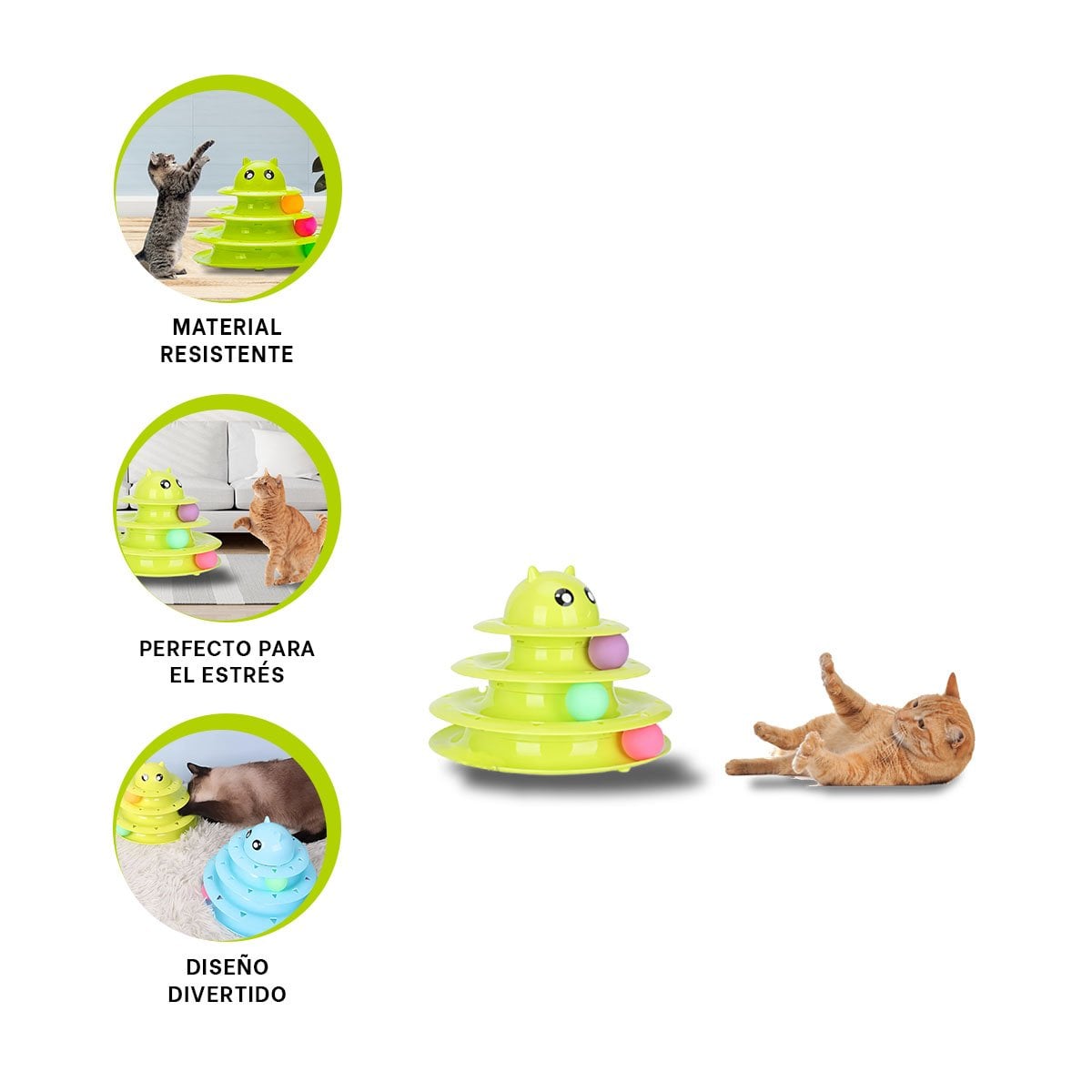 PLATAFORMA DE 3 NIVELES CON PELOTAS VERDE LIMON PARA GATO ENTRETENIMIENTO YSTICKY - 5