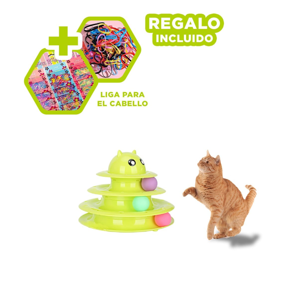 CIRCUITO DE 3 NIVELES CON PELOTAS VERDE LIMON PARA GATO CON BASE ESTABLE YLIGAS REGALO - 2