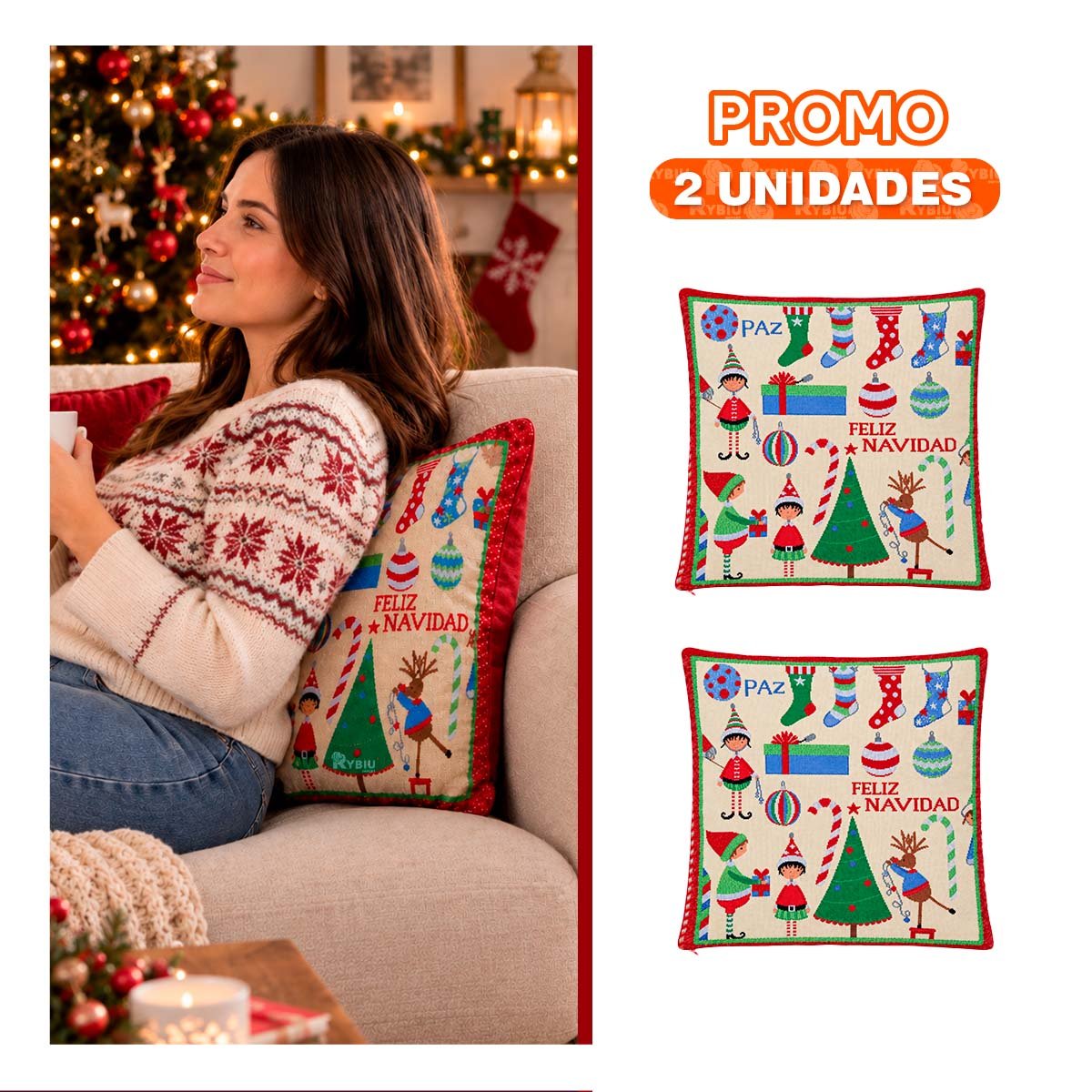 PACK2 FORRO DE COJIN DECORATIVO CON DISENO NAVIDENO 45X45CM BEIGE YREGALO STICKER - 1