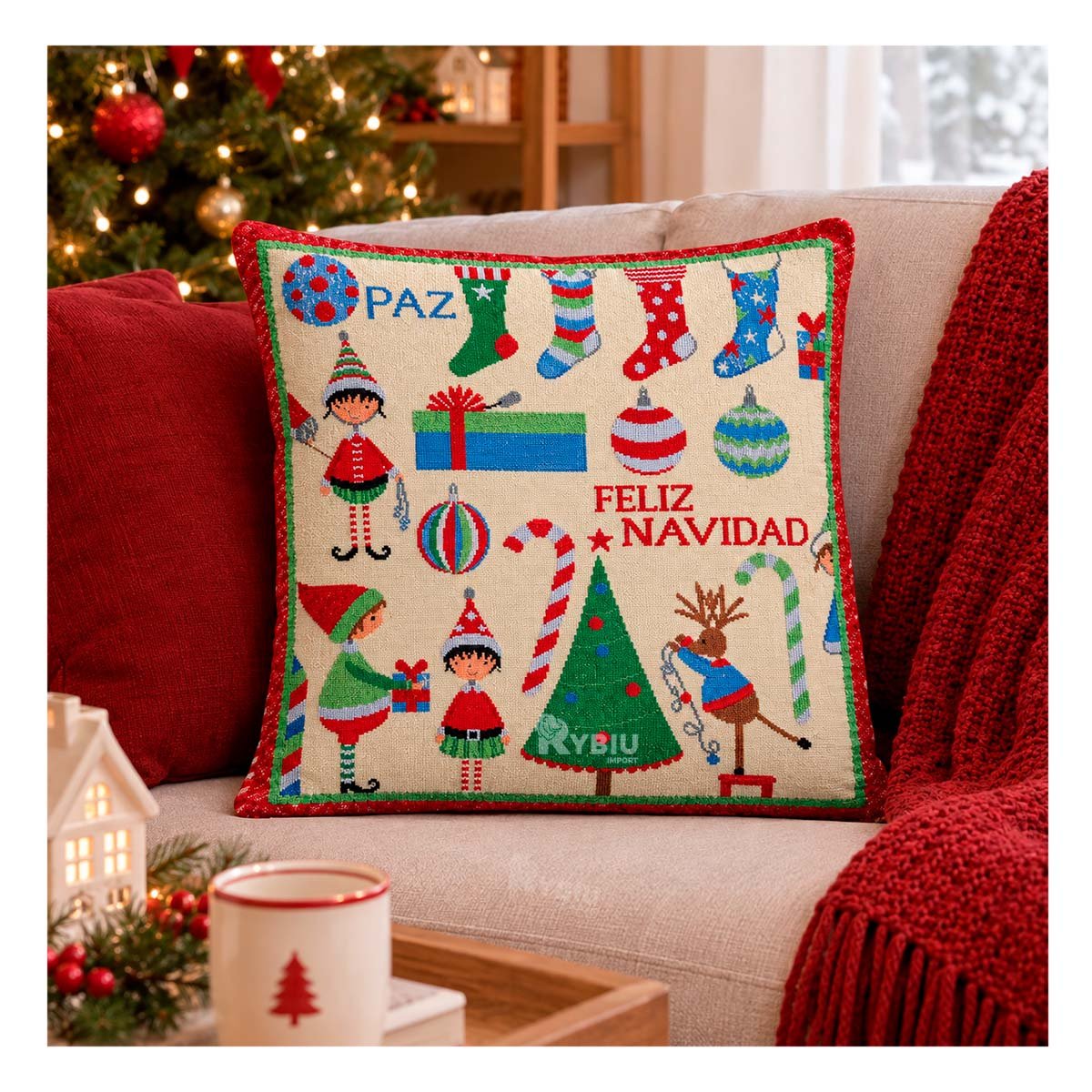 PACK2 FORRO DE COJIN DECORATIVO CON DISENO NAVIDENO 45X45CM BEIGE YREGALO STICKER - 3