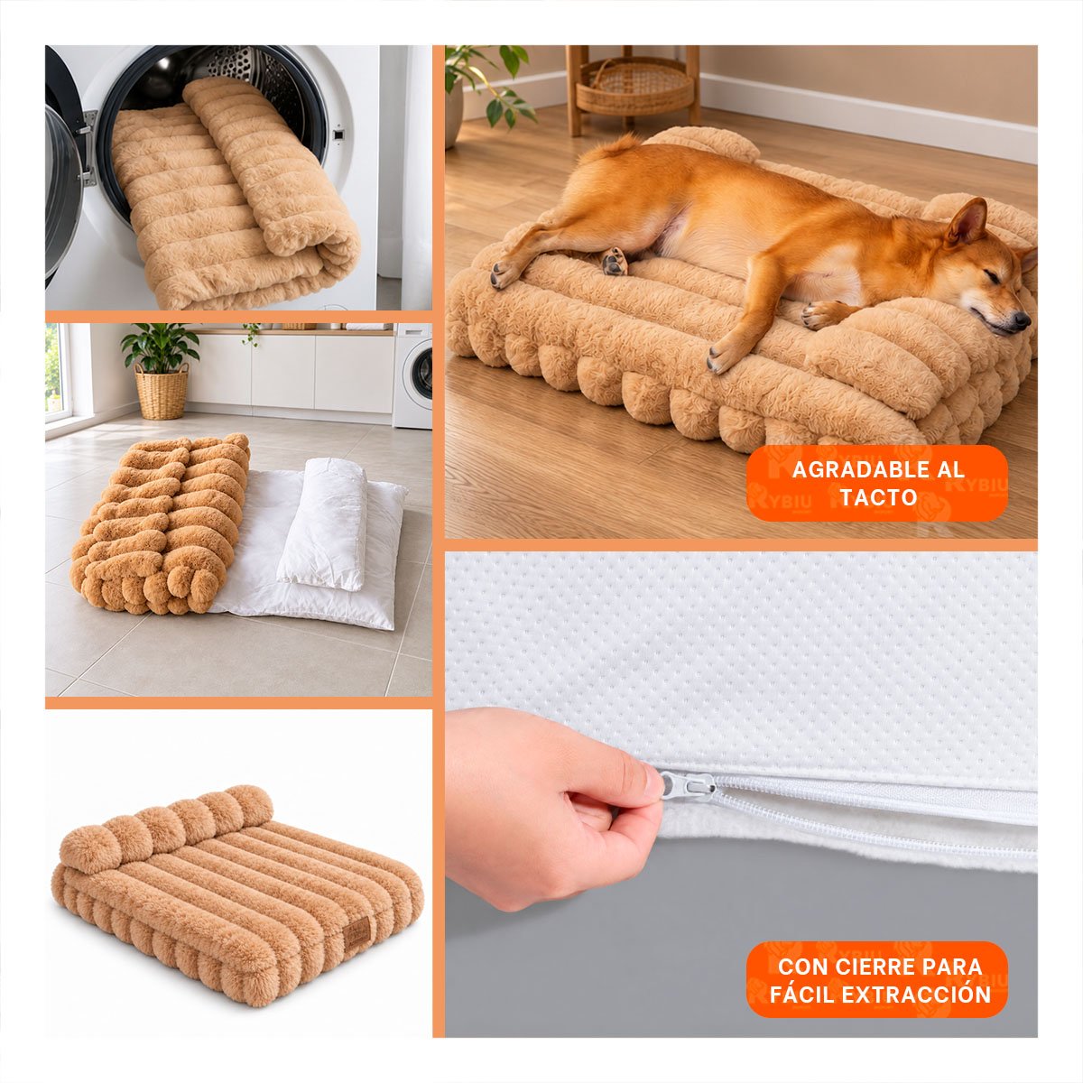 NIDO RECTANGULAR CON ALMOHADA CON RAYAS MARRON PARA MASCOTAS Y STICKY - 3