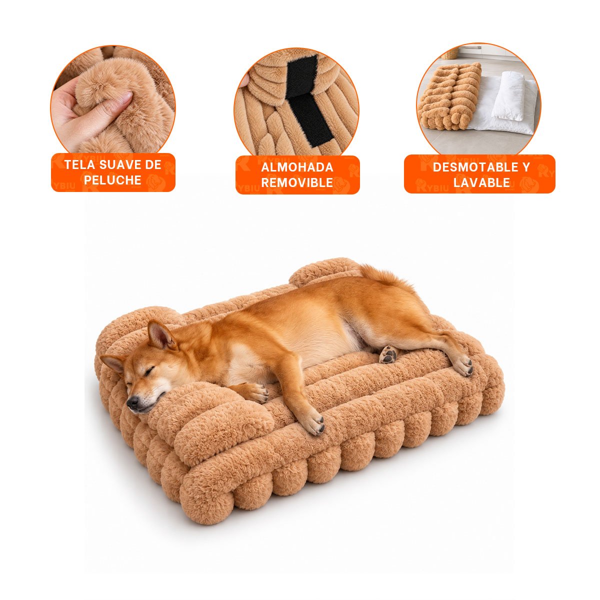 NIDO RECTANGULAR CON ALMOHADA CON RAYAS MARRON PARA MASCOTAS Y STICKY - 4