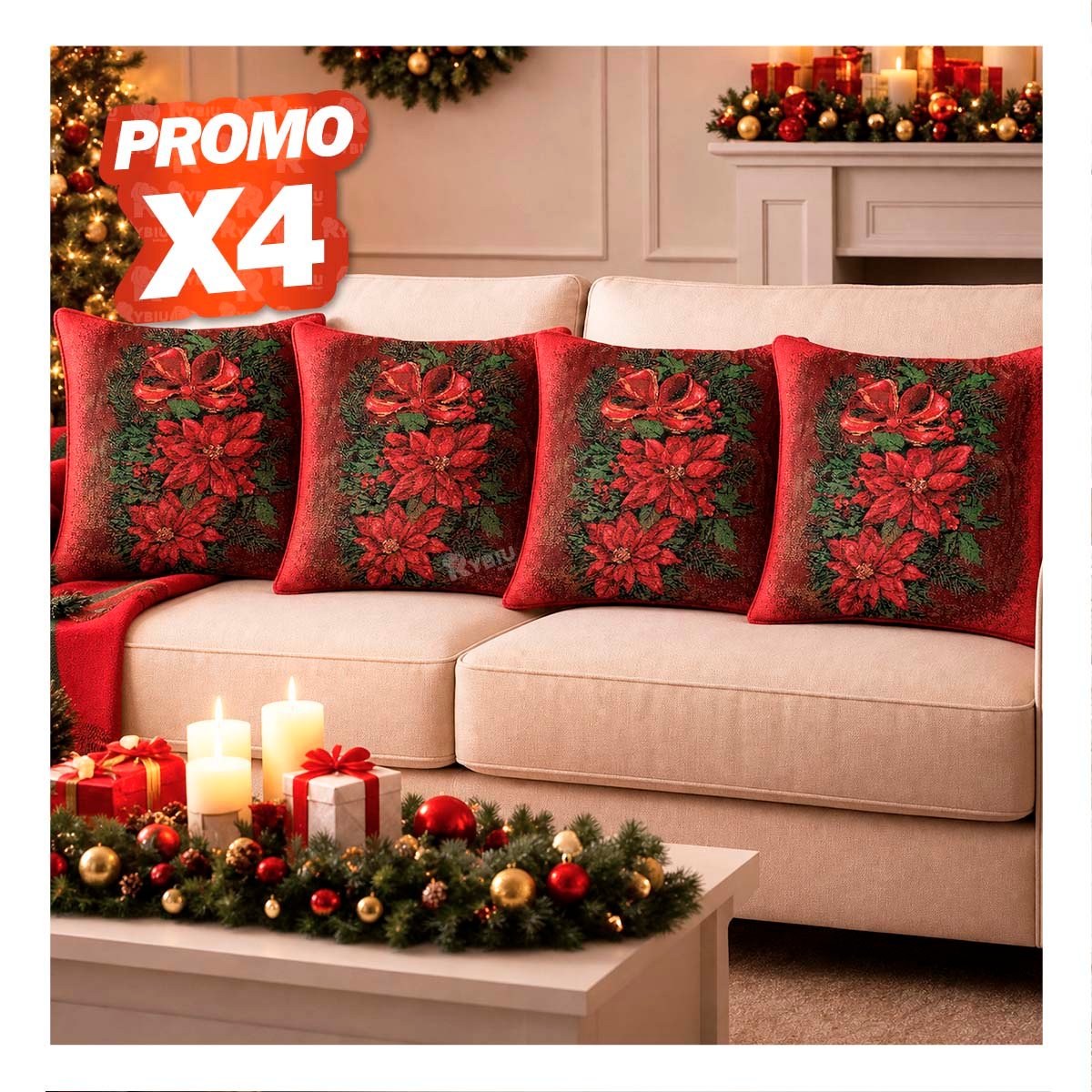 PACK4 FUNDA DE ALMOHADON DECORATIVO CON FLORES Y HOJAS ROJO YREGALO STICKER - 1