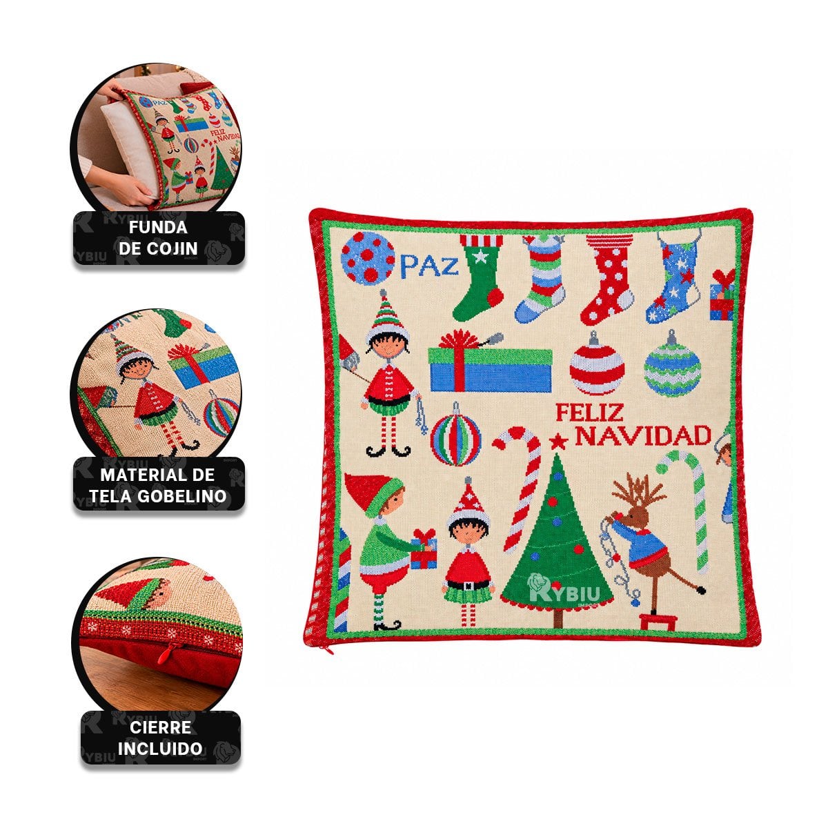 PROTECTOR DE COJIN CON ESTAMPADO NAVIDENO DIVERSO 45X45CM BEIGE Y LIGAS REGALO - 4