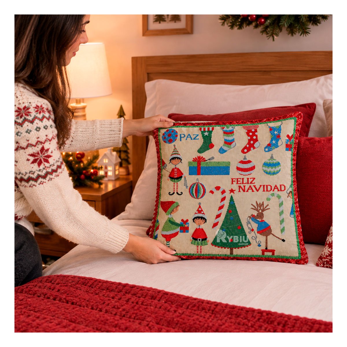 PACK4 FUNDA DE ALMOHADON GOBELINO CON DISENO NAVIDENO 45X45CM BEIGE YPAPEL REGALO - 3