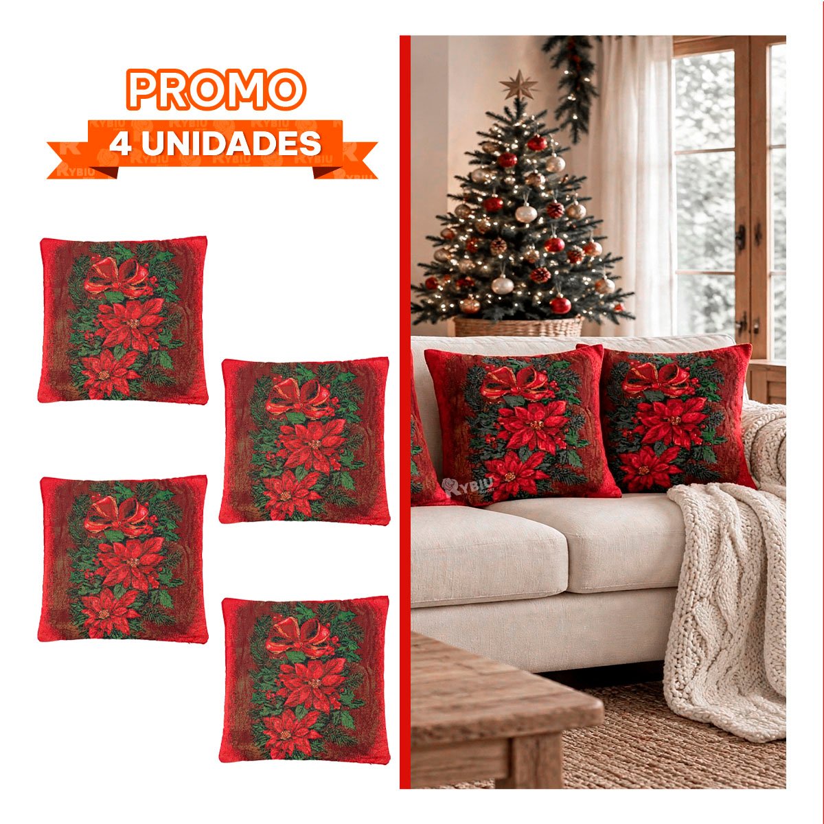 PACK4 FORRO DE ALMOHADON DECORATIVO EN TELA GOBELINO ROJO YPAPEL REGALO - 1