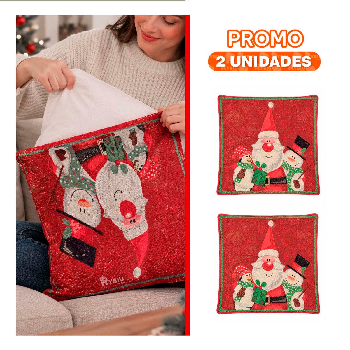 PACK2 CUBIERTA TEXTIL DE COJIN CON DISENO SANTA NIEVE PING 45X45CM ROJO - 1