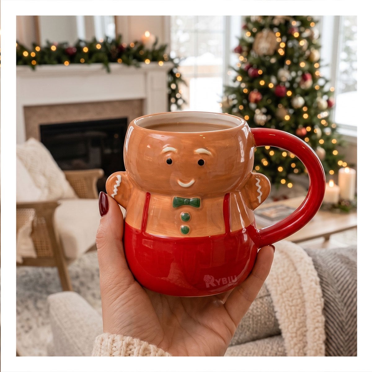 TAZA DE JENGIBRE CON CORBATIN CON ESTILO NAVIDEÑO MOSTAZA Y PAPEL REGALO - 1