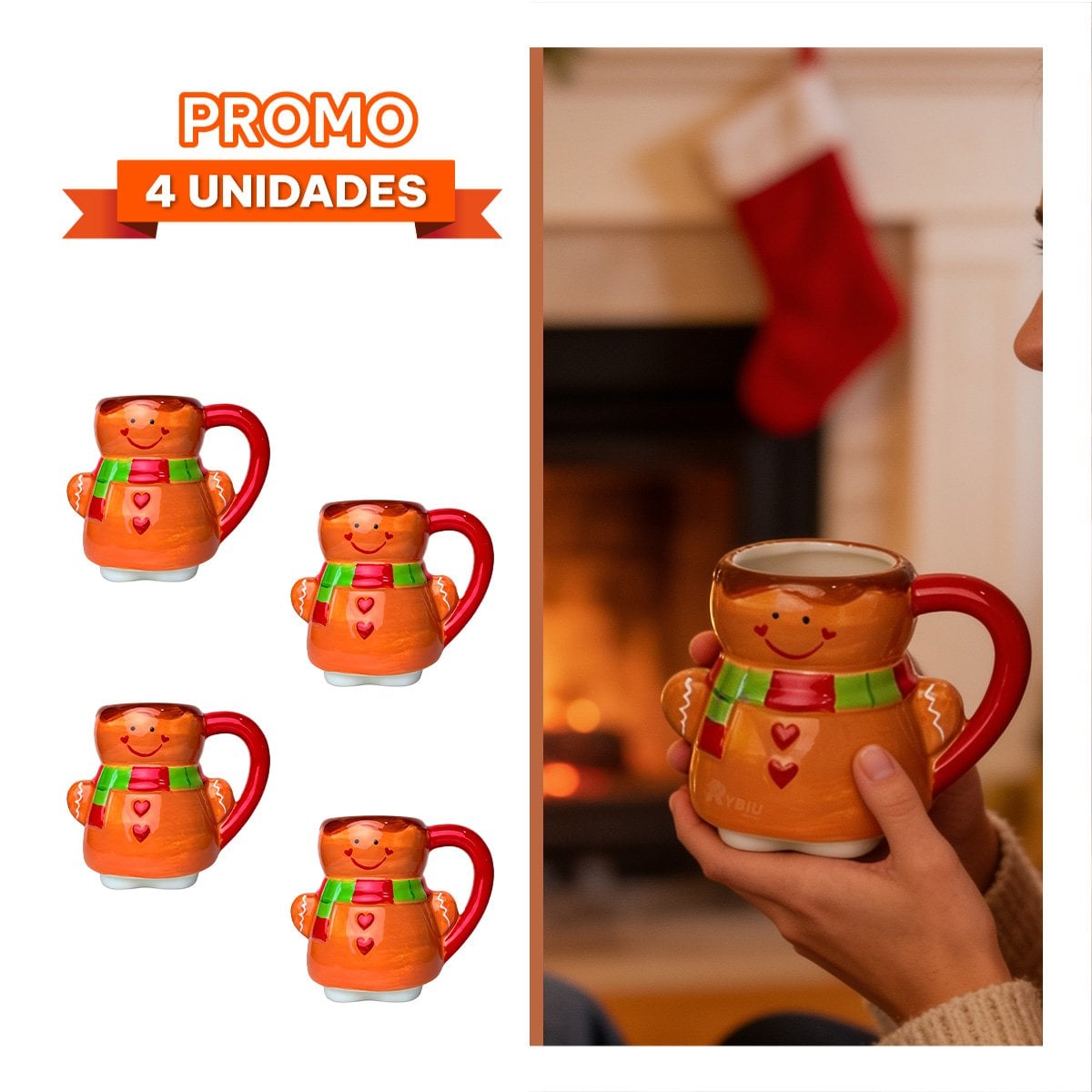 PACK4 MUG DE MUÑECO DE GALLETA PARA NAVIDAD MOSTAZA - 1