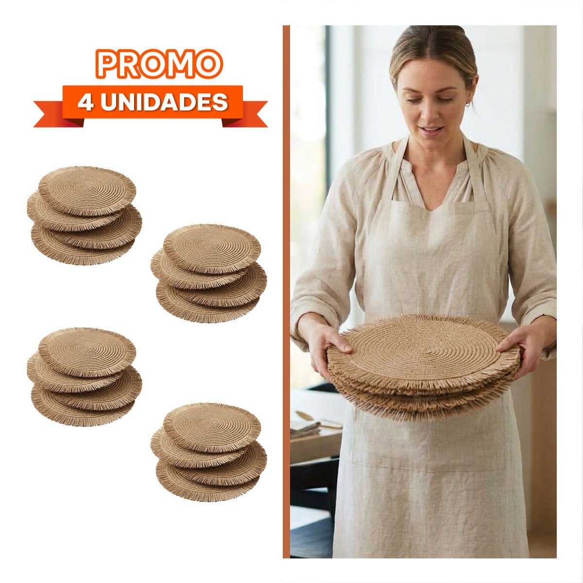 PACK4 SOBREMESA CIRCULAR DECORATIVA CON FLECOS CAQUI YREGALO STICKER - 1