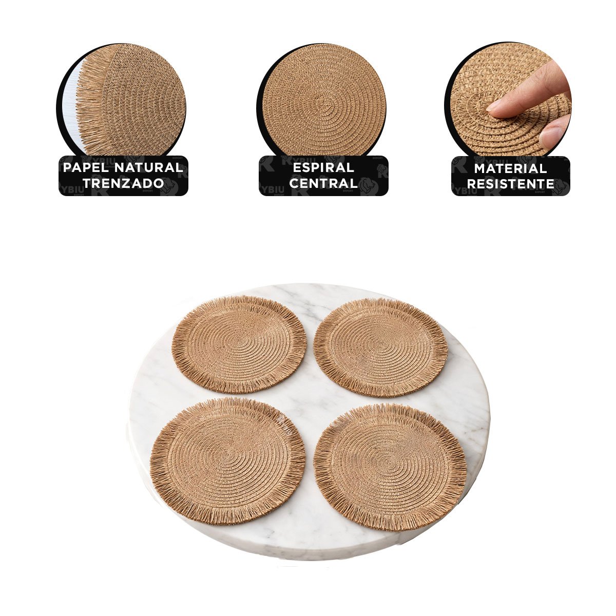 PACK4 SOBREMESA CIRCULAR DECORATIVA CON FLECOS CAQUI YREGALO STICKER - 4
