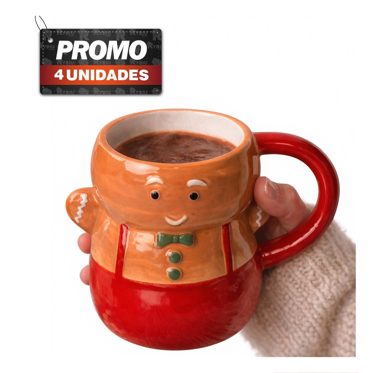 PACK4 MUG DE MUÑECO DE GALLETA CON CORBATIN PARA NAVIDAD MOSTAZA - 1