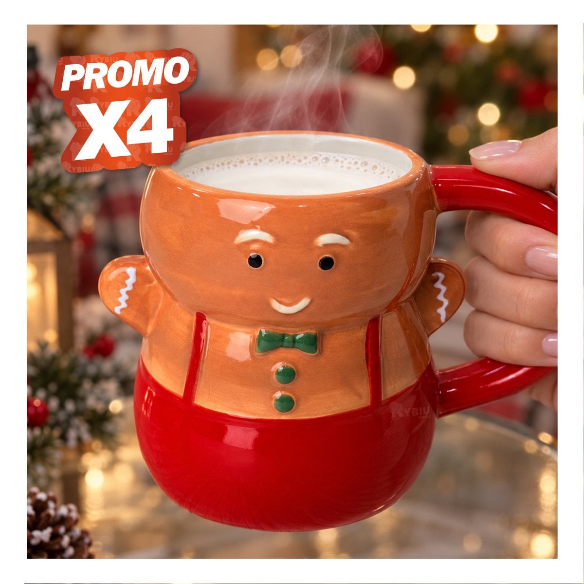PACK4 CUP CON FORMA DE JENGIBRE CON CORBATIN NAVIDEÑO MOSTAZA YPAPEL REGALO - 1