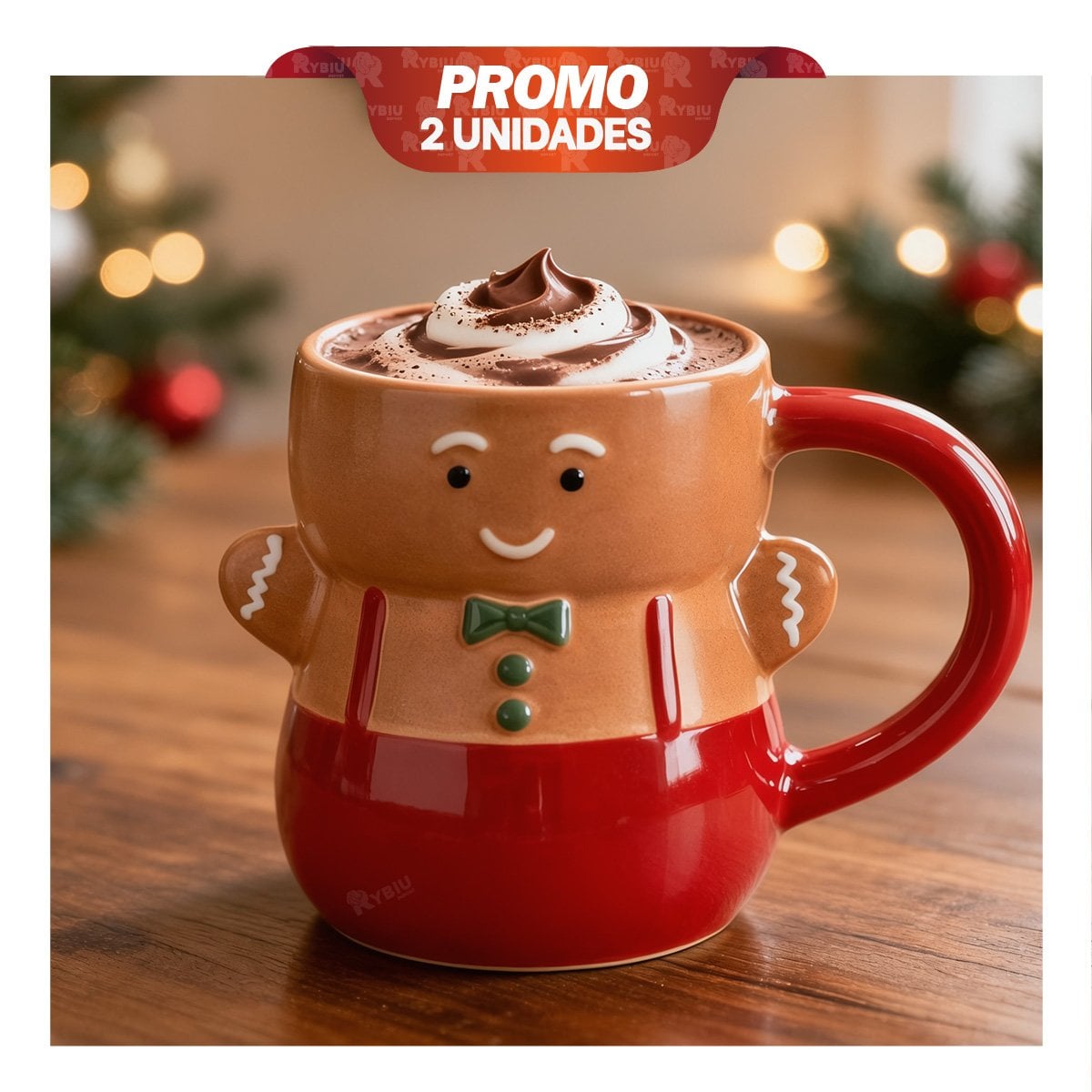 PACK2 MUG CON FORMA DE MUÑECO DE GALLETA CON CORBATIN MOSTAZA YPAPEL REGALO - 1