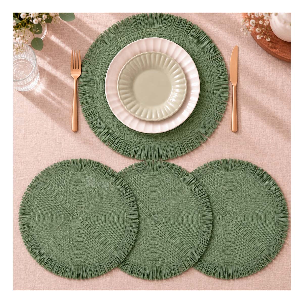 PACK2 TAPETE ELEGANTE CIRCULAR PARA MESA TEJIDO VERDE YREGALO STICKER - 3