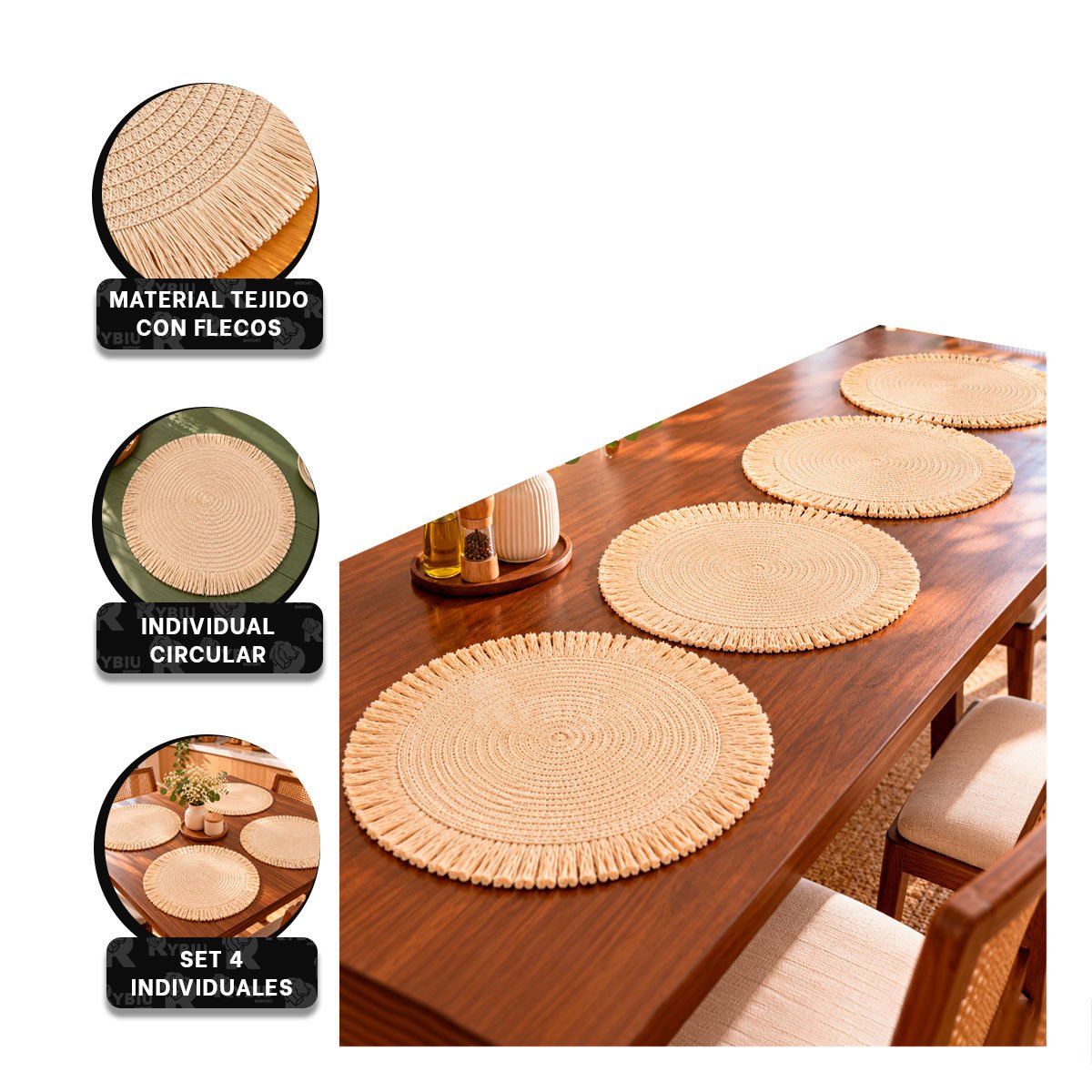SET 4 INDIVIDUAL CIRCULAR TEJIDO CON FLECOS BEIGE - 4
