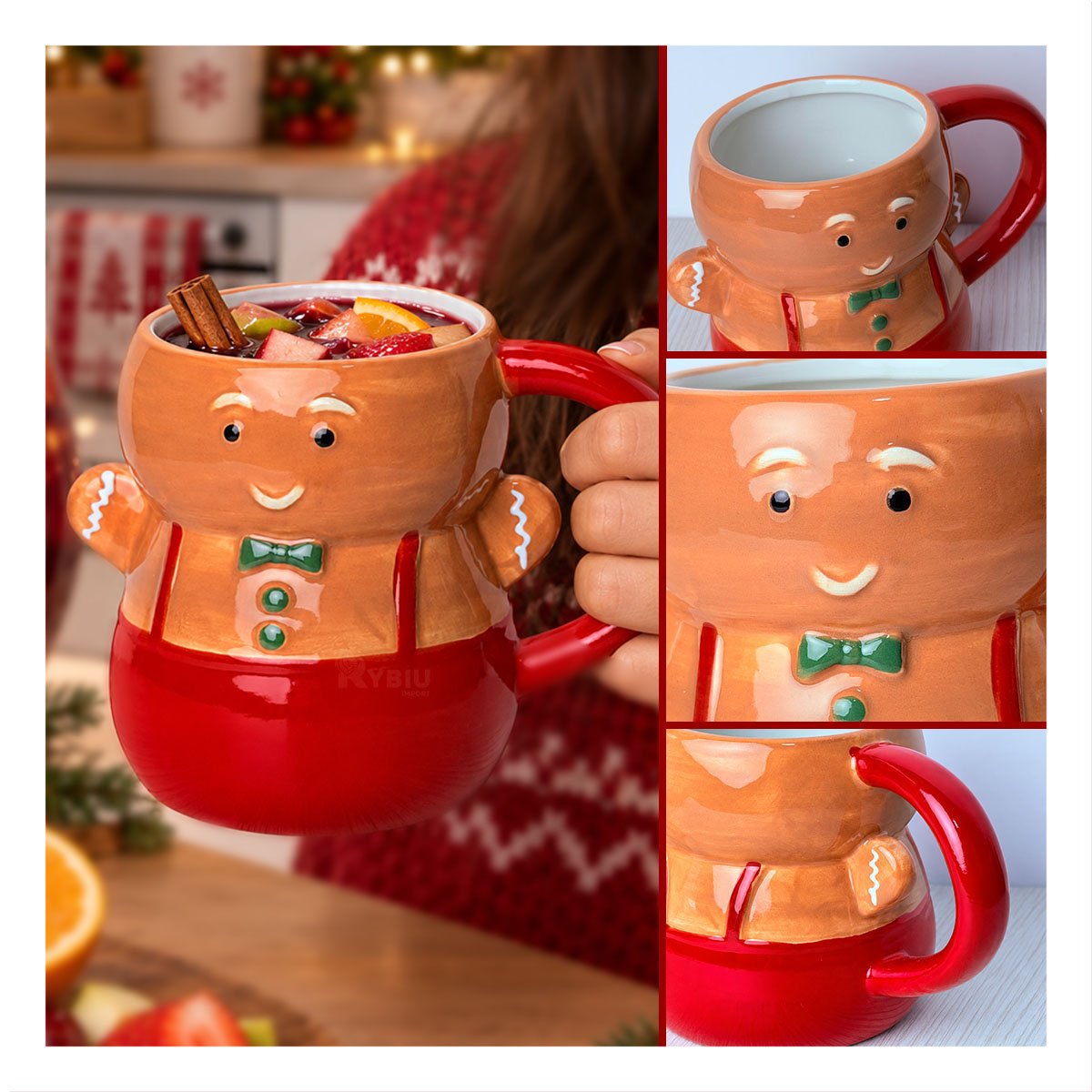 TAZA CON FORMA DE MUÑECO DE GALLETA CON CORBATIN MOSTAZA Y REGALO STICKER - 3