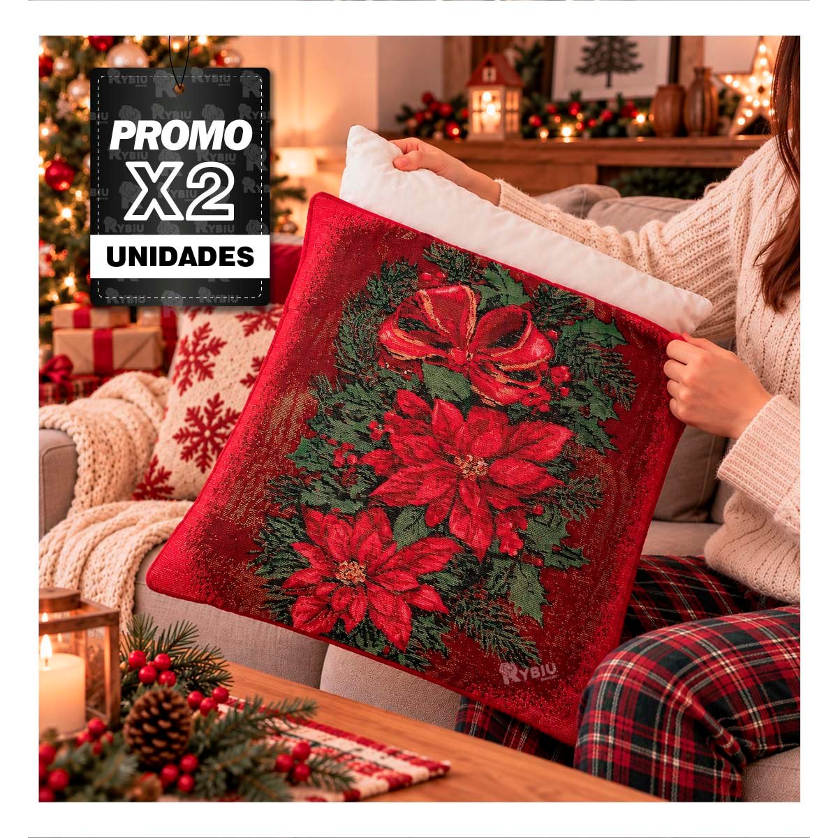 PACK2 FUNDA DECORATIVA PARA COJIN CON DISENO DE FLORES ROJO YPAPEL REGALO - 1