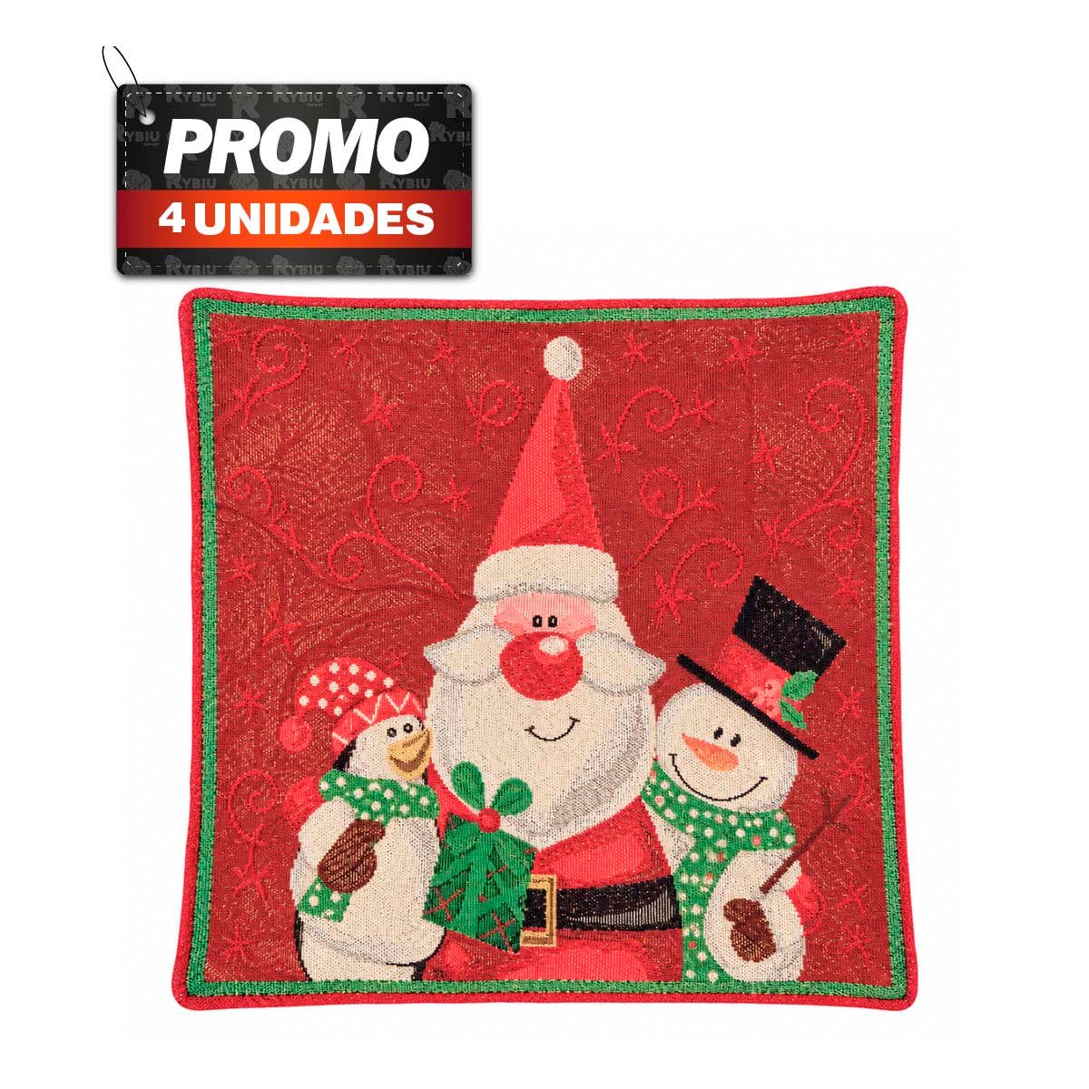 PACK4 FORRO DE ALMOHADON NAVIDENO CON DISENO SANTA NIEVE PING 45X45CM ROJO YREGALO STICKER - 1