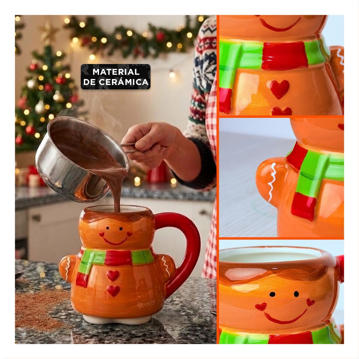 TAZA NAVIDEÑA CON FORMA DE JENGIBRE MOSTAZA Y LIGAS REGALO - 3