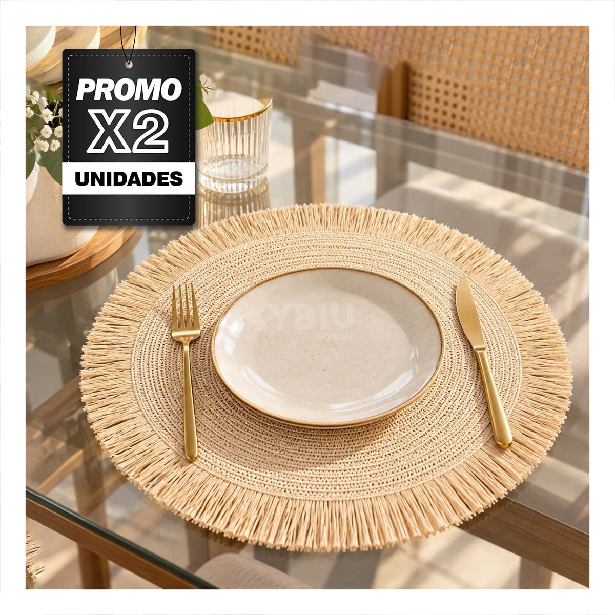 PACK2 TAPETE TEJIDO CIRCULAR DE MESA CON FLECOS BEIGE - 1