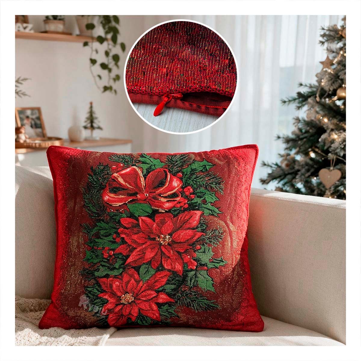 CUBIERTA DE COJIN CON DISENO FLORAL ELEGANTE ROJO Y PAPEL REGALO - 1