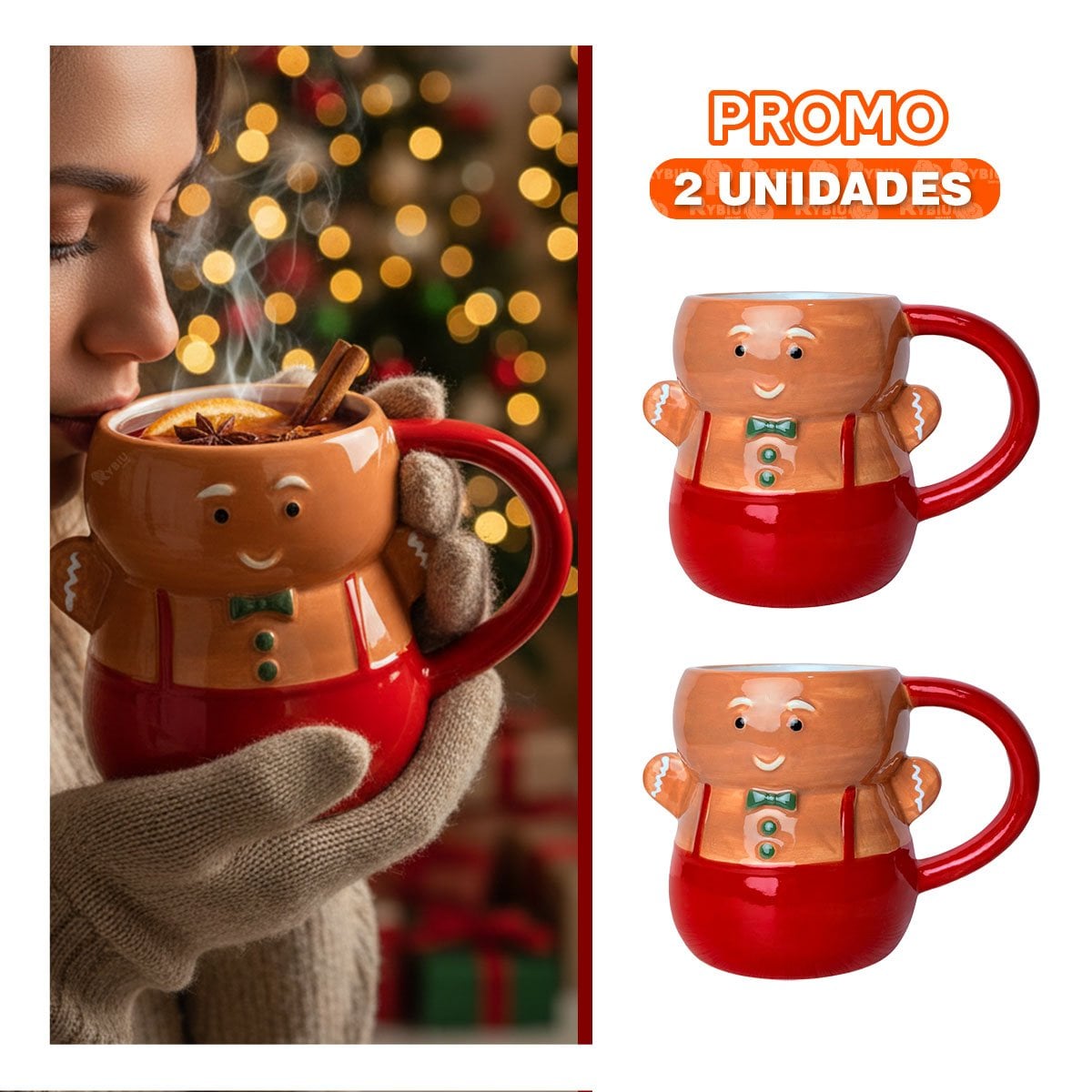 PACK2 MUG NAVIDEÑO CON FORMA DE JENGIBRE CON CORBATIN MOSTAZA YREGALO STICKER - 1