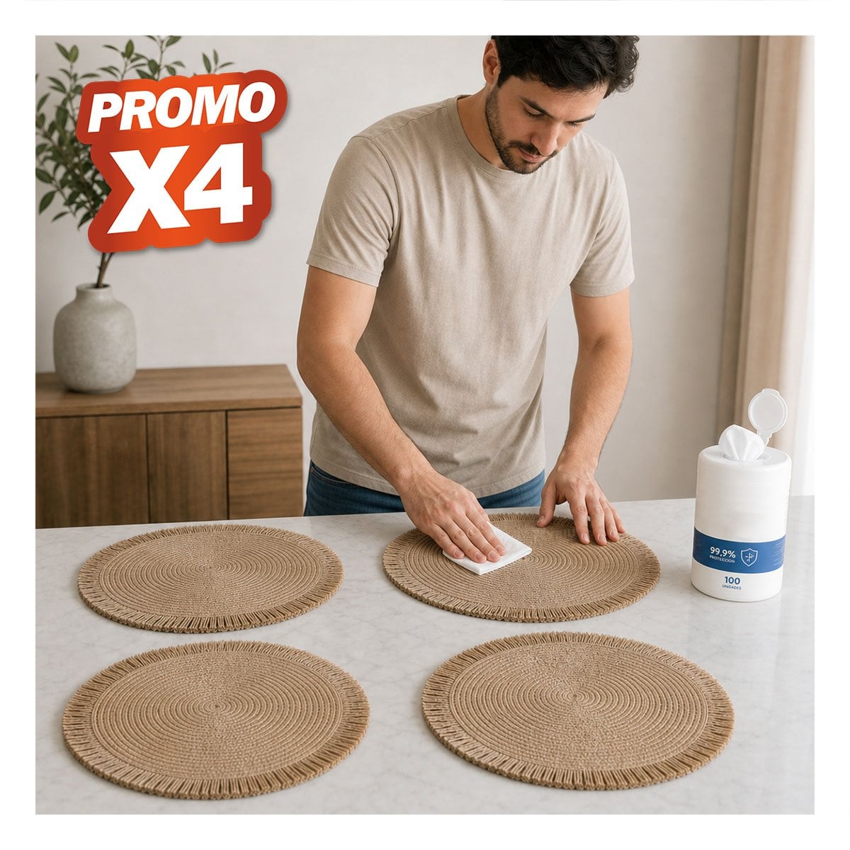 PACK4 TAPETE MODERNO TEJIDO PARA DECORAR MESA CAQUI YPAPEL REGALO - 1