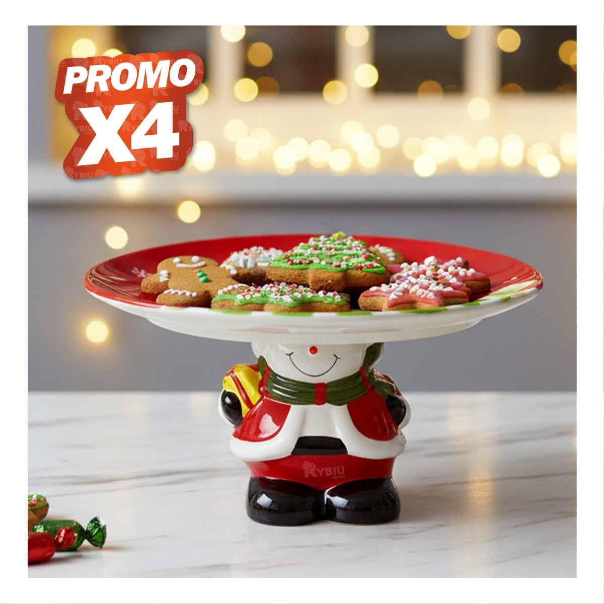 PACK4 PORTA TORTA ROJO CON MUÑECO DE NIEVE SOSTENIENDO EL PLATO PARA CENA YREGALO STICKER - 1