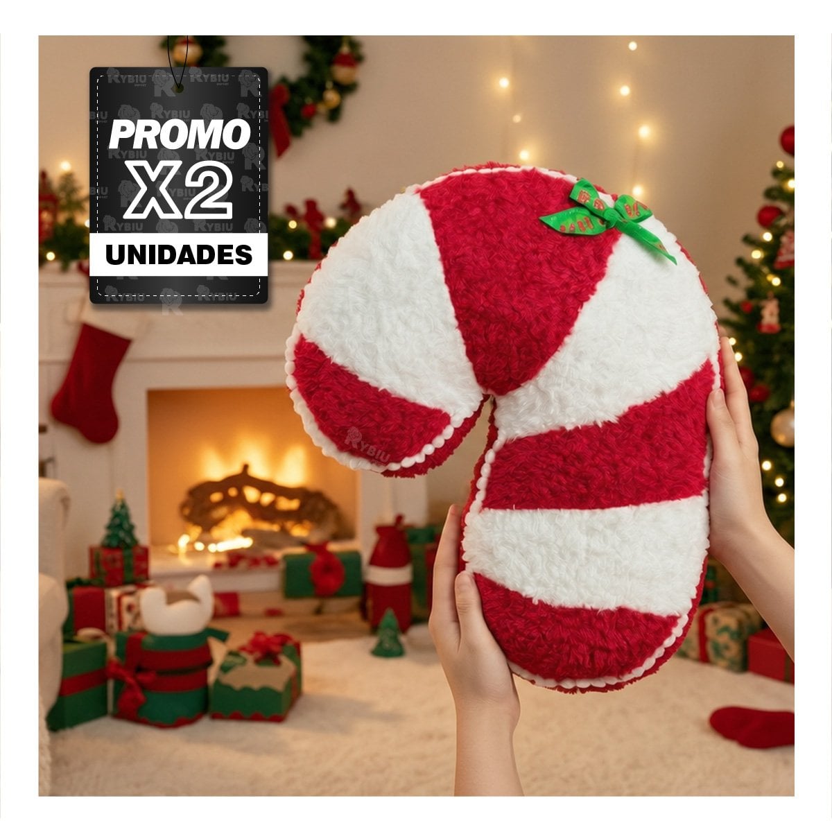 PACK2 ALMOHADON FESTIVO CON SILUETA DE BASTON DE CARAMELO ROJO Y BLANCO - 1