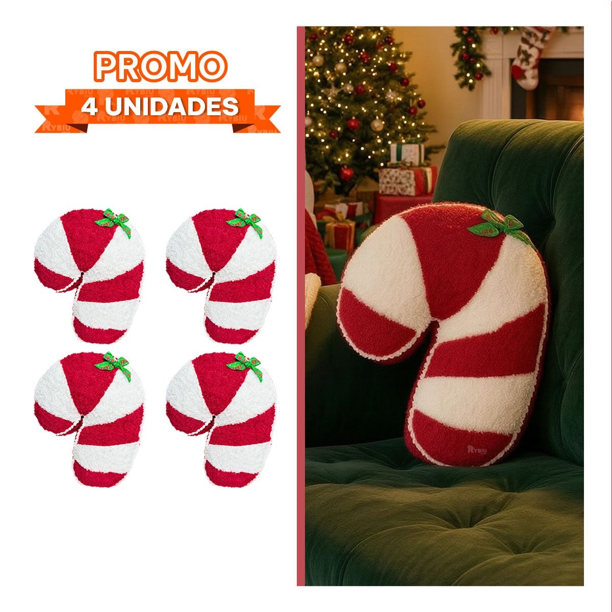 PACK4 ALMOHADON NAVIDENO CON TEXTURA CRESPA Y DISENO DE CARAMELO ROJO Y BLANCO YPAPEL REGALO - 1