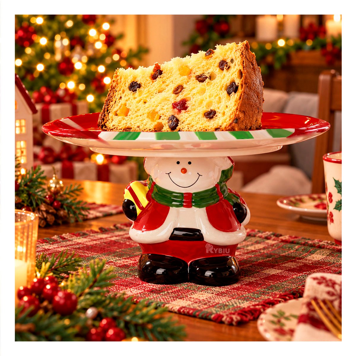 SOPORTE PARA PASTEL ROJO CON MUÑECO DE NIEVE SOSTENIENDO EL PLATO EN FIESTA YREGALO STICKER - 1