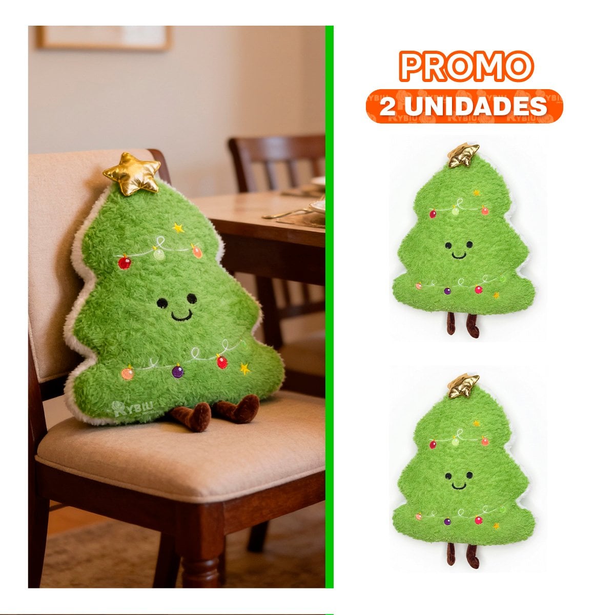 PACK2 COJIN ACOLCHADO CON DISENO DE ARBOL NAVIDENO VERDE CLARO YPAPEL REGALO - 1