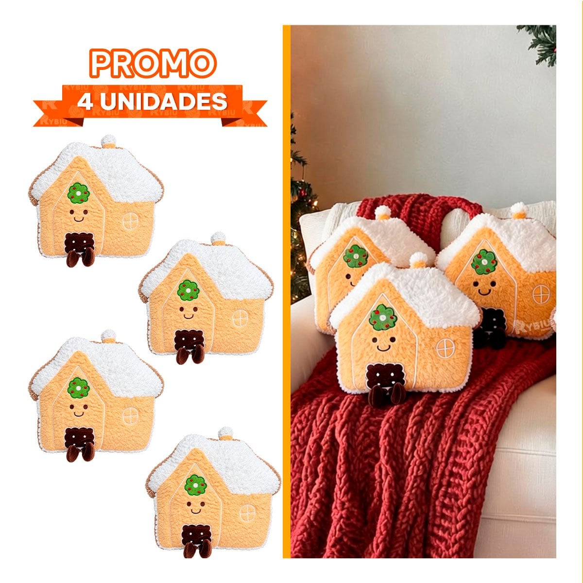 PACK4 ALMOHADON NAVIDENO CON TEXTURA CRESPA Y DISENO DE CASITA AMARILLO CLARO YPAPEL REGALO - 1