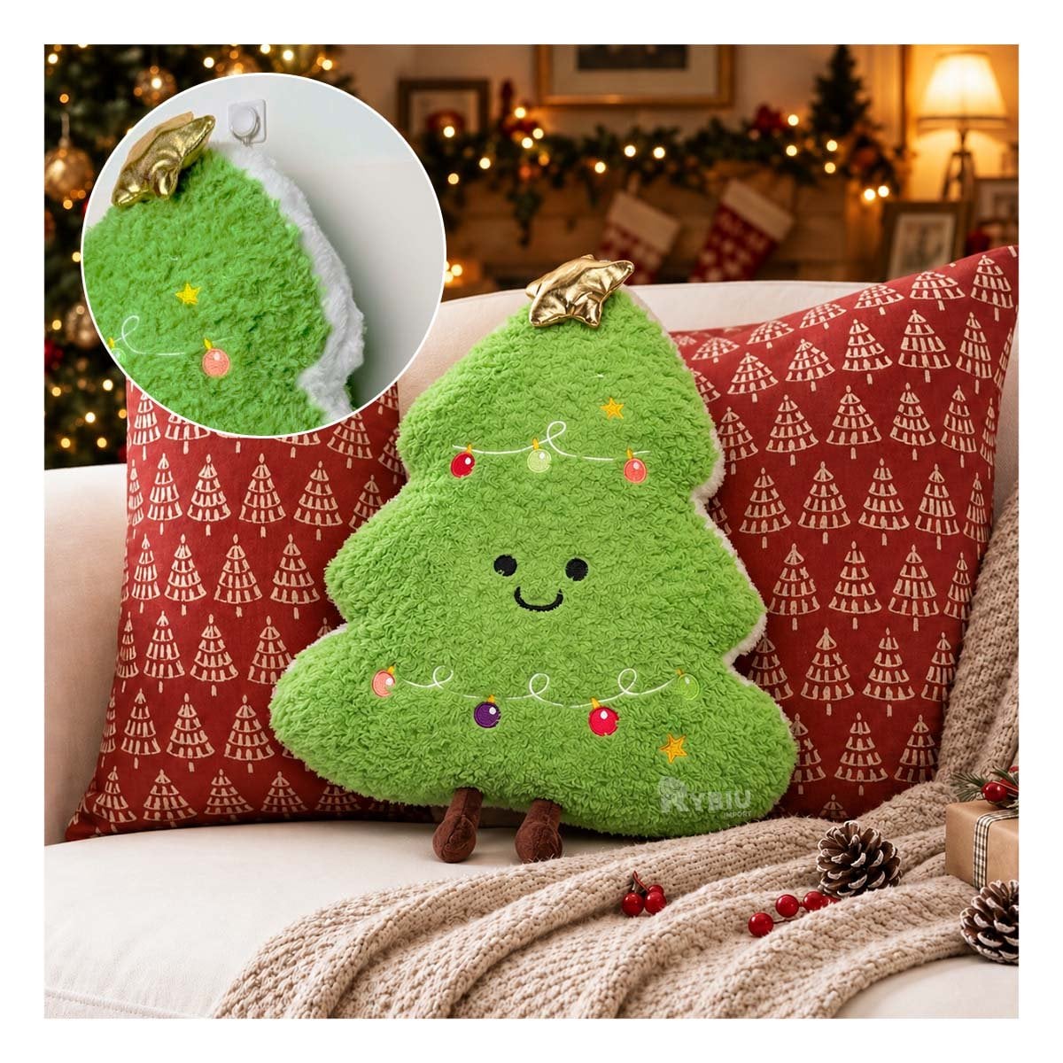 COJIN DECORATIVO CON FORMA DE PINO NAVIDENO VERDE CLARO Y STICKY - 1