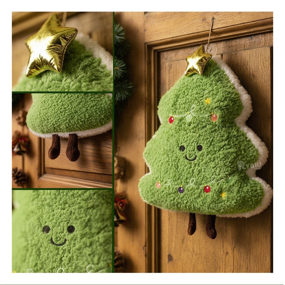 ALMOHADON DECORATIVO DE ARBOL DE PINO EN PELUCHE CRESPO VERDE CLARO Y PAPEL REGALO - 3