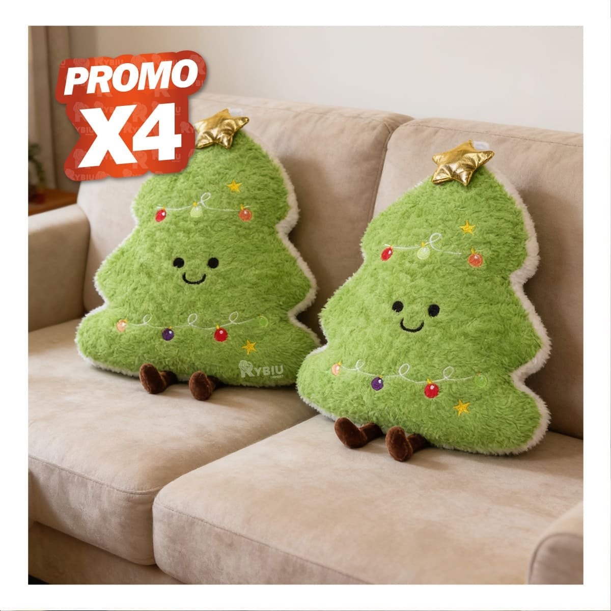 PACK4 COJIN DE PELUCHE CRESPO CON SILUETA DE ARBOL DE PINO VERDE CLARO YREGALO STICKER - 1