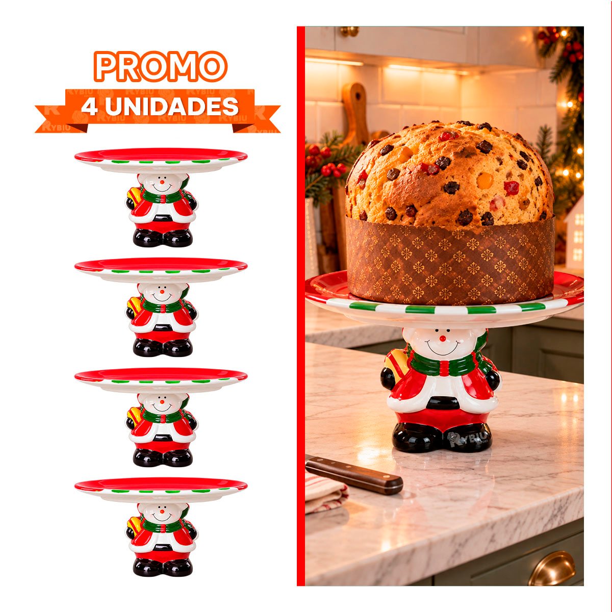 PACK4 BASE PASTELERA ROJA FESTIVA MUÑECO DE NIEVE SOSTENIENDO EL PLATO YPAPEL REGALO - 1