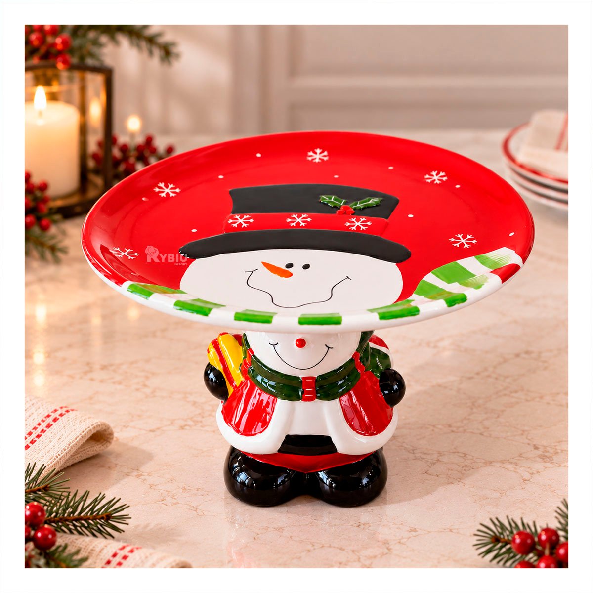 PACK4 BASE PASTELERA ROJA FESTIVA MUÑECO DE NIEVE SOSTENIENDO EL PLATO YPAPEL REGALO - 3