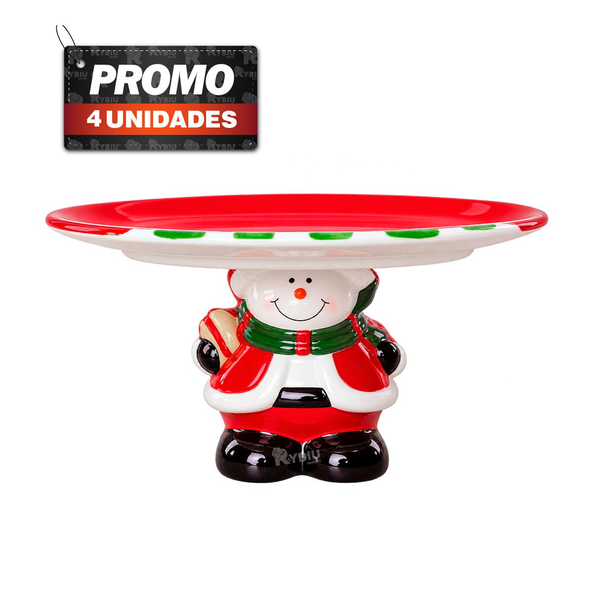 PACK4 PLATO PARA TORTA ROJO FESTIVO MUÑECO DE NIEVE SOSTENIENDO EL PLATO NAVIDAD - 1