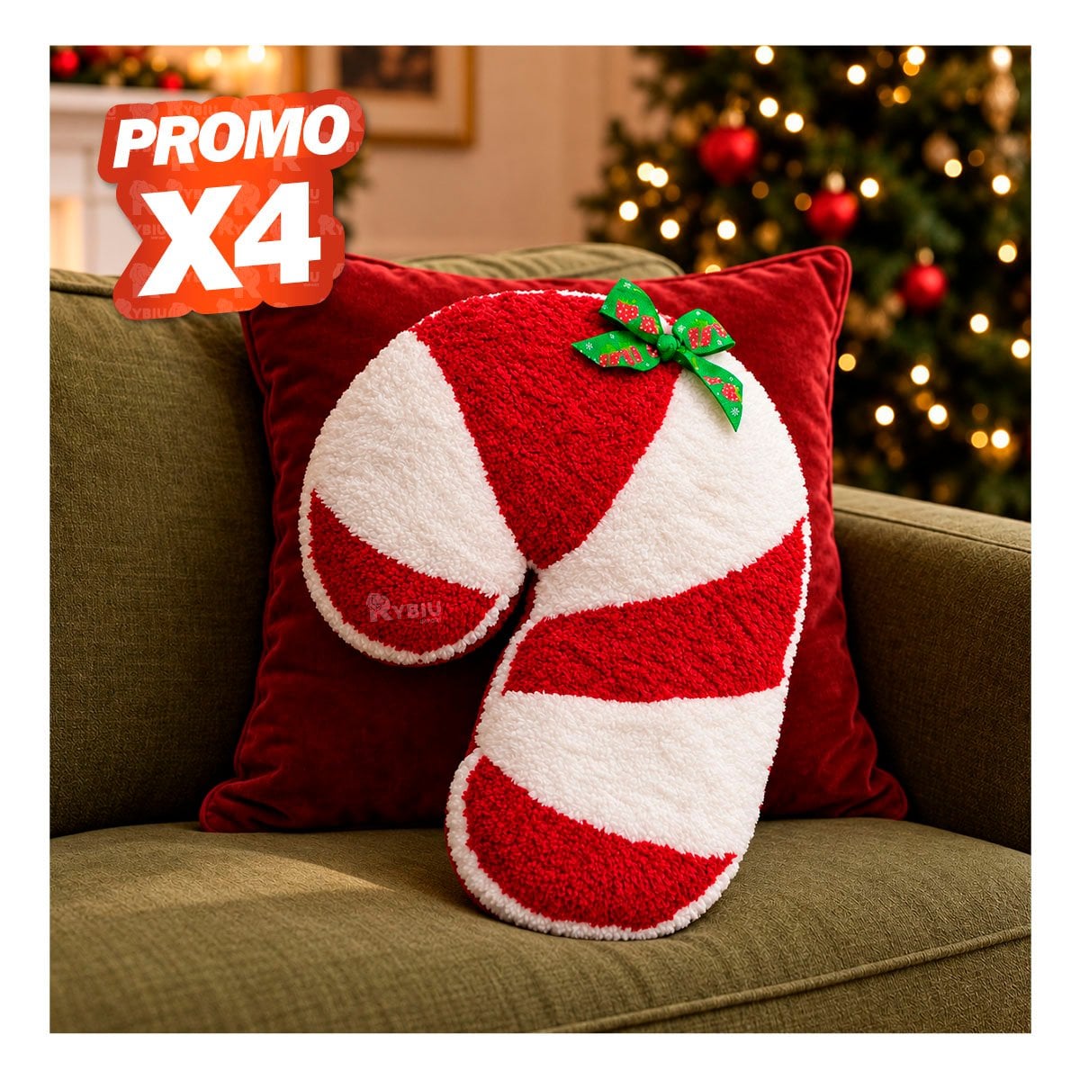 PACK4 COJIN DE PELUCHE CRESPO CON FORMA DE BASTON DE CARAMELO ROJO Y BLANCO YREGALO STICKER - 1