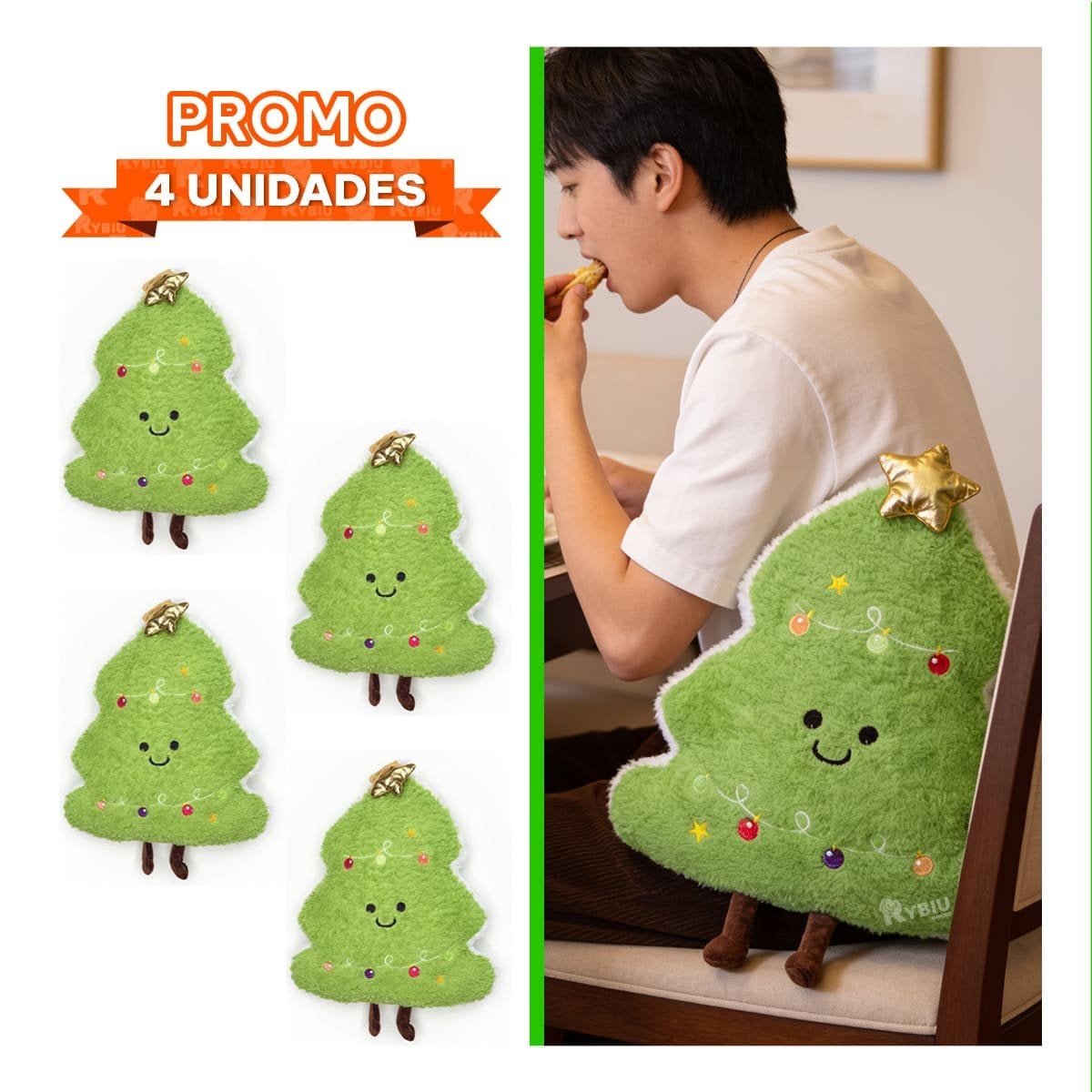 PACK4 ALMOHADON NAVIDENO CON TEXTURA CRESPA Y FORMA DE PINO VERDE CLARO YPAPEL REGALO - 1