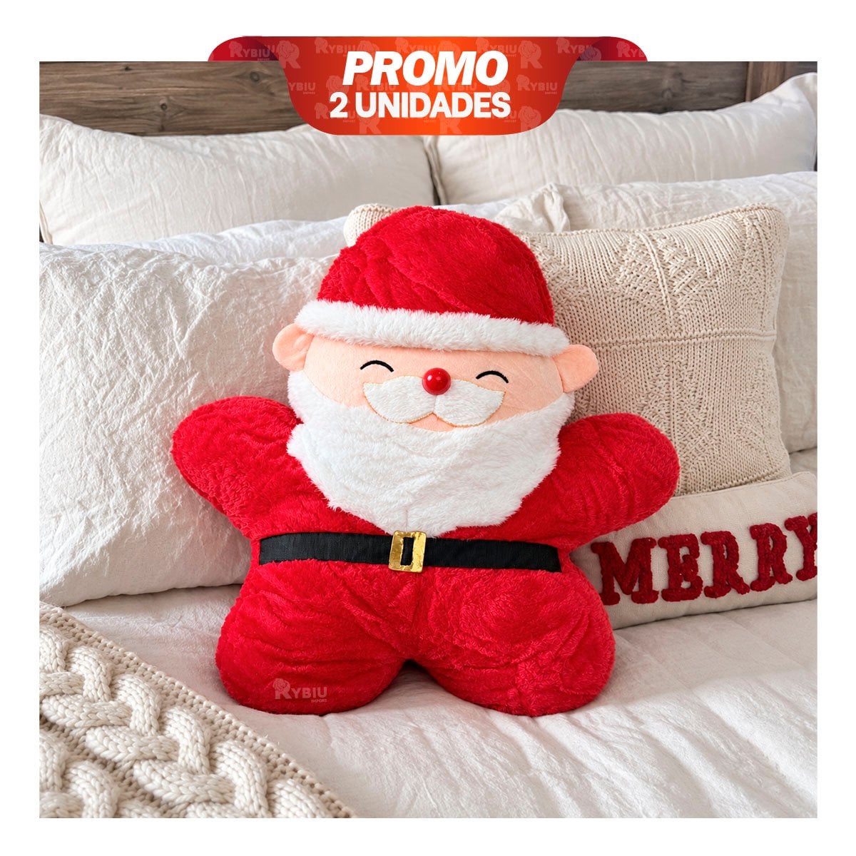 PACK2 ALMOHADILLA DECORATIVA CON PAPA NOEL EN PELUCHE LISO ROJO YREGALO STICKER - 1