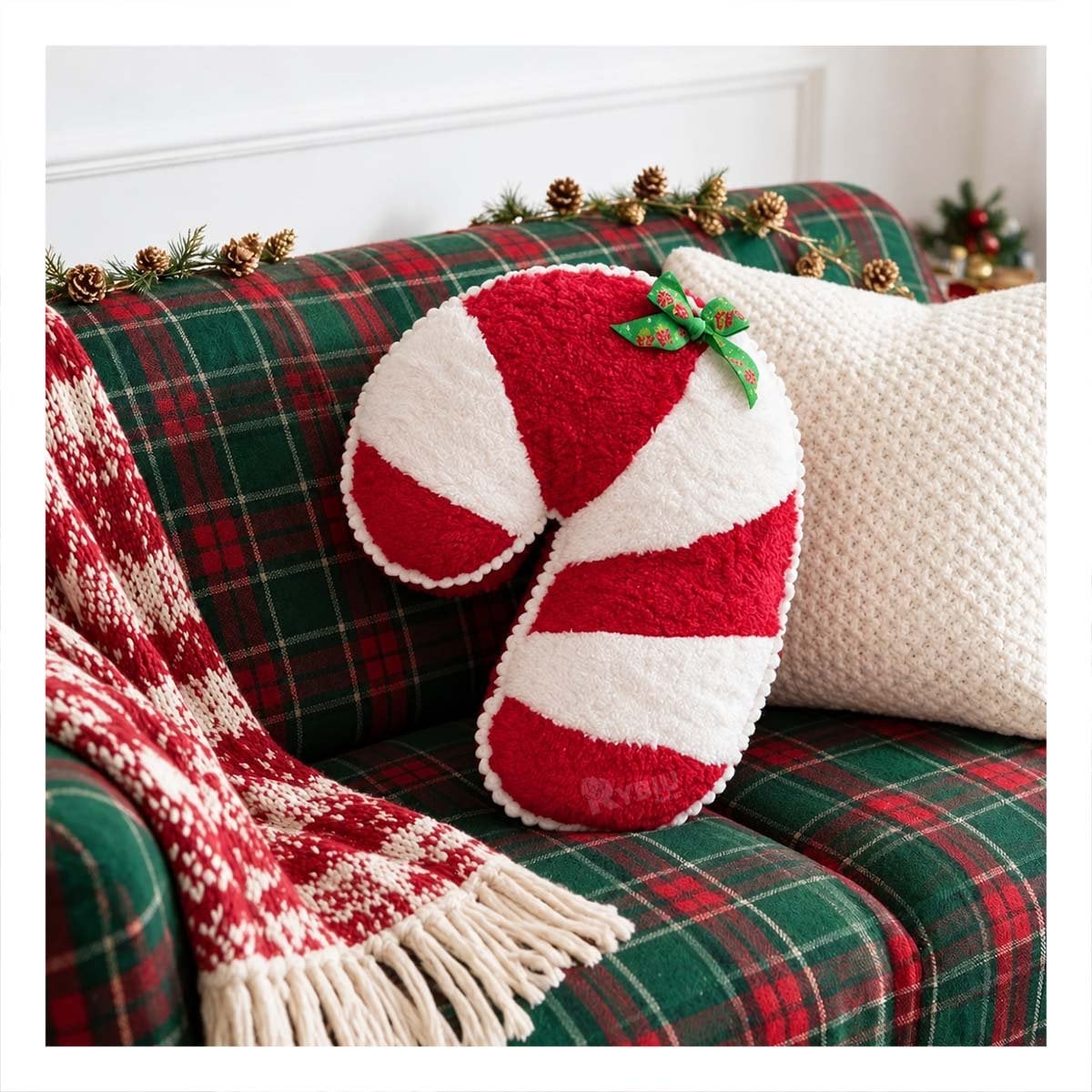COJIN DECORATIVO DE BASTON DE CARAMELO EN PELUCHE CRESPO ROJO Y BLANCO Y STICKY - 1
