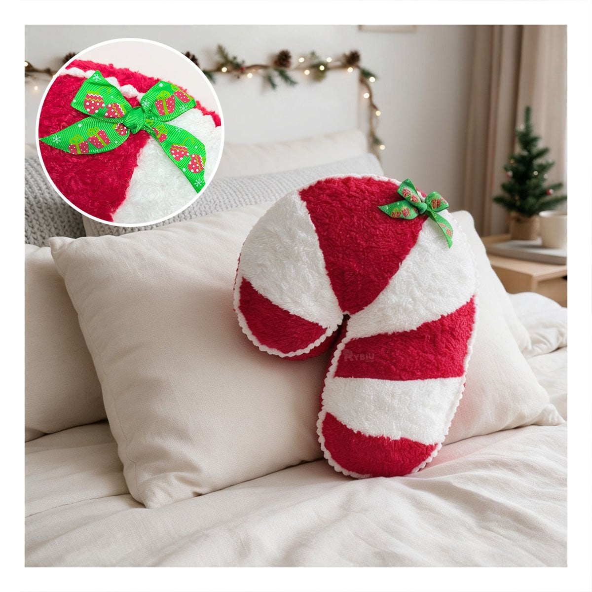ALMOHADON DECORATIVO CON DISENO DE BASTON DE CARAMELO ROJO Y BLANCO Y PAPEL REGALO - 1