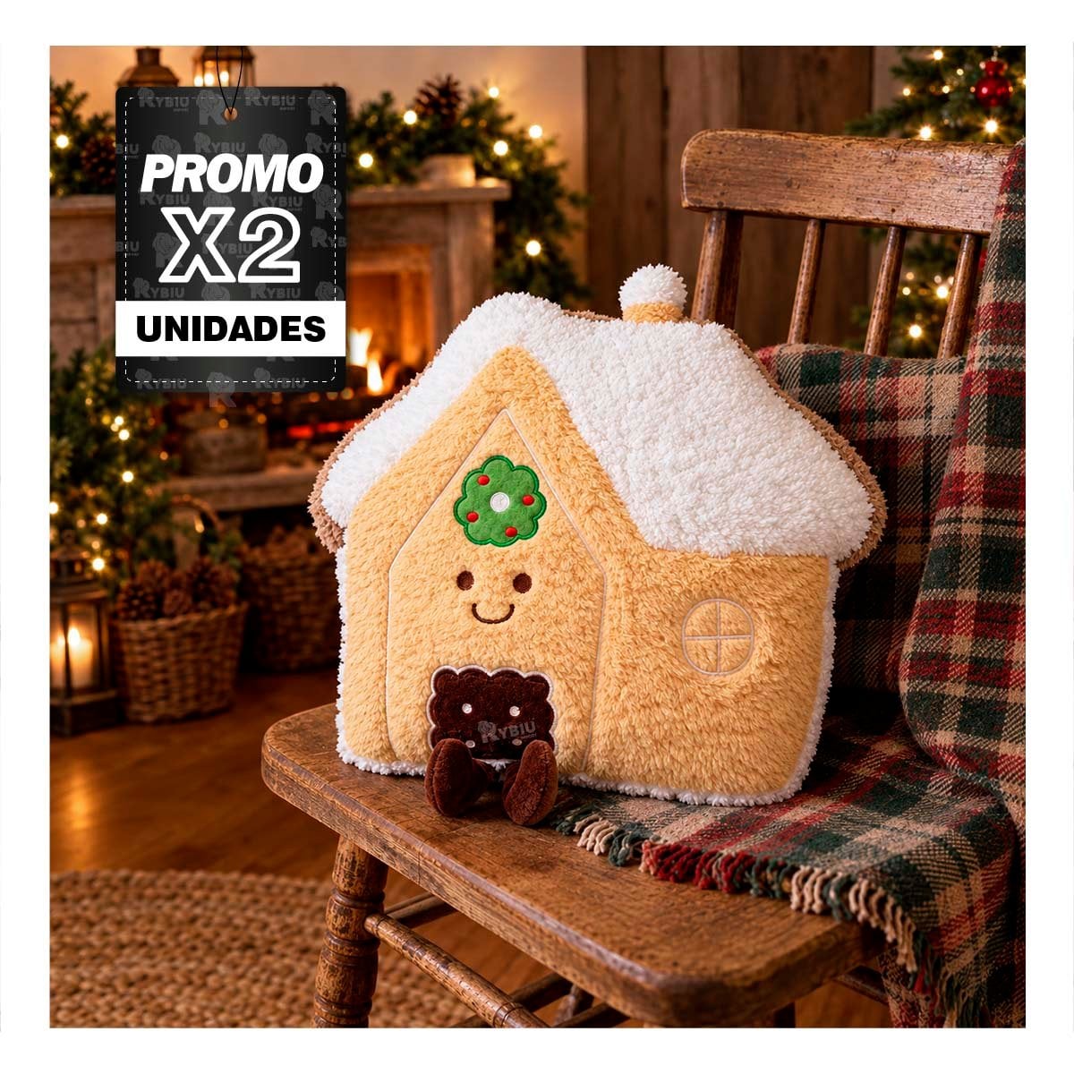 PACK2 ALMOHADON FESTIVO CON SILUETA DE CASITA NAVIDENA AMARILLO CLARO - 1