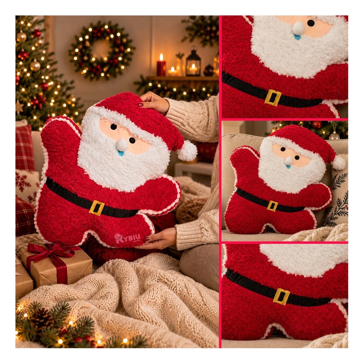 COJIN DE NAVIDAD CON PAPA NOEL Y TEXTURA CRESPA ROJO Y REGALO STICKER - 3