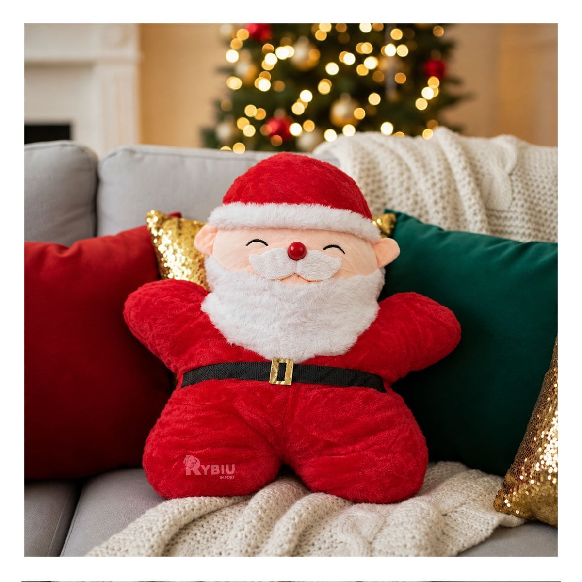 COJIN DE NAVIDAD CON PAPA NOEL Y TEXTURA LISA ROJA Y REGALO STICKER - 1