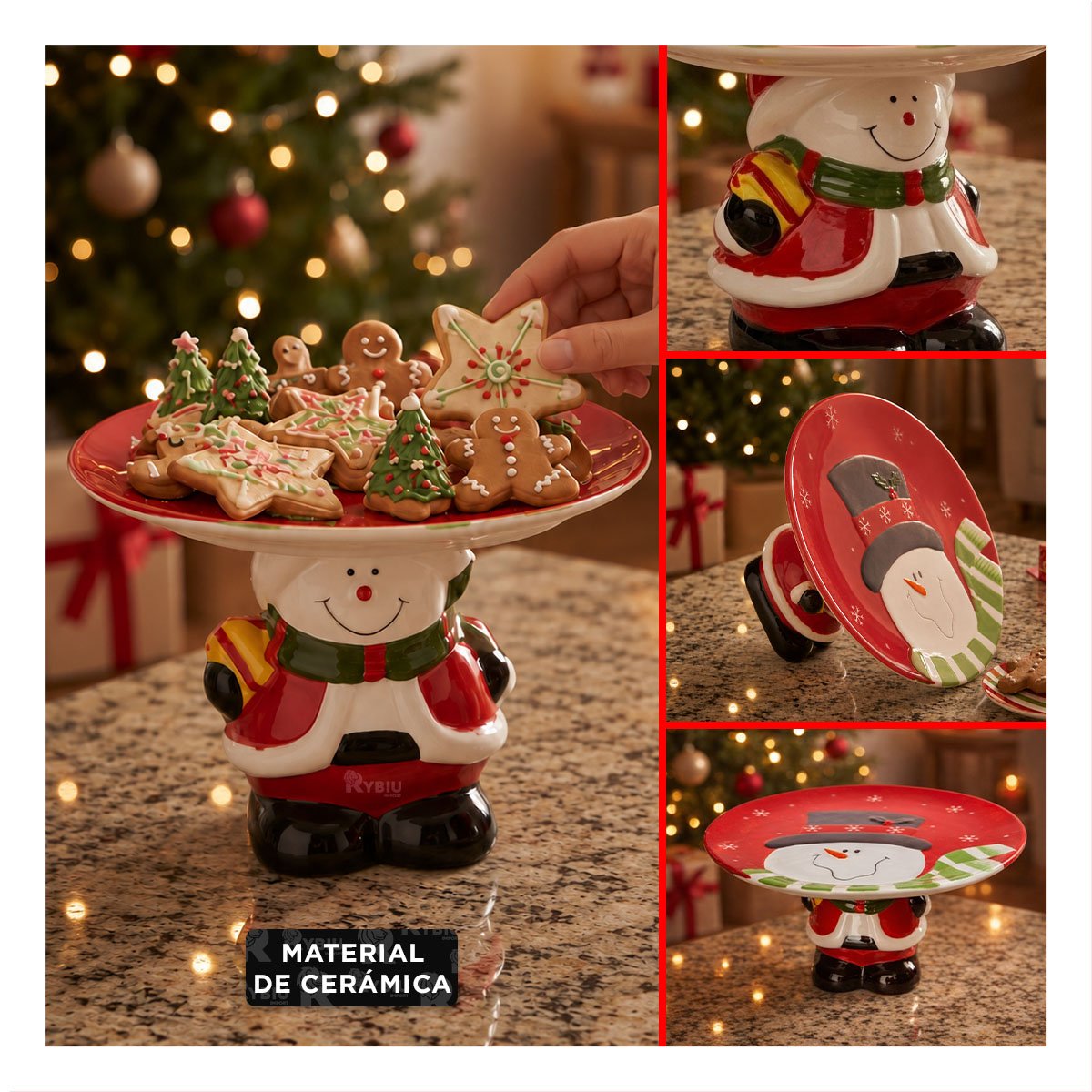 PACK2 PORTA TORTA ROJO FESTIVO MUÑECO DE NIEVE SOSTENIENDO EL PLATO PARA NAVIDAD - 4