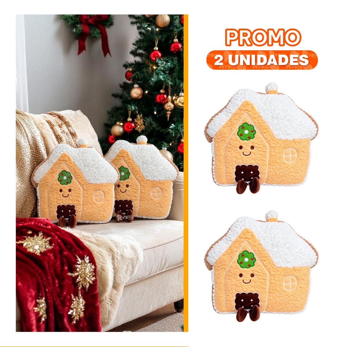 PACK2 COJIN ACOLCHADO CON DISENO DE CASITA PARA NAVIDAD AMARILLO CLARO YPAPEL REGALO - 1